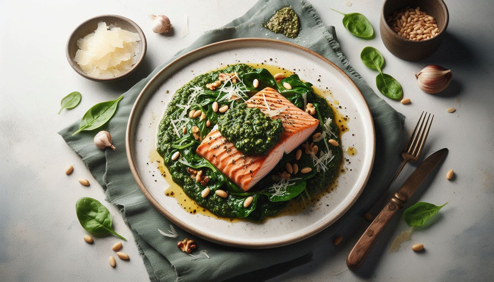Salmón al Pesto con Espinacas